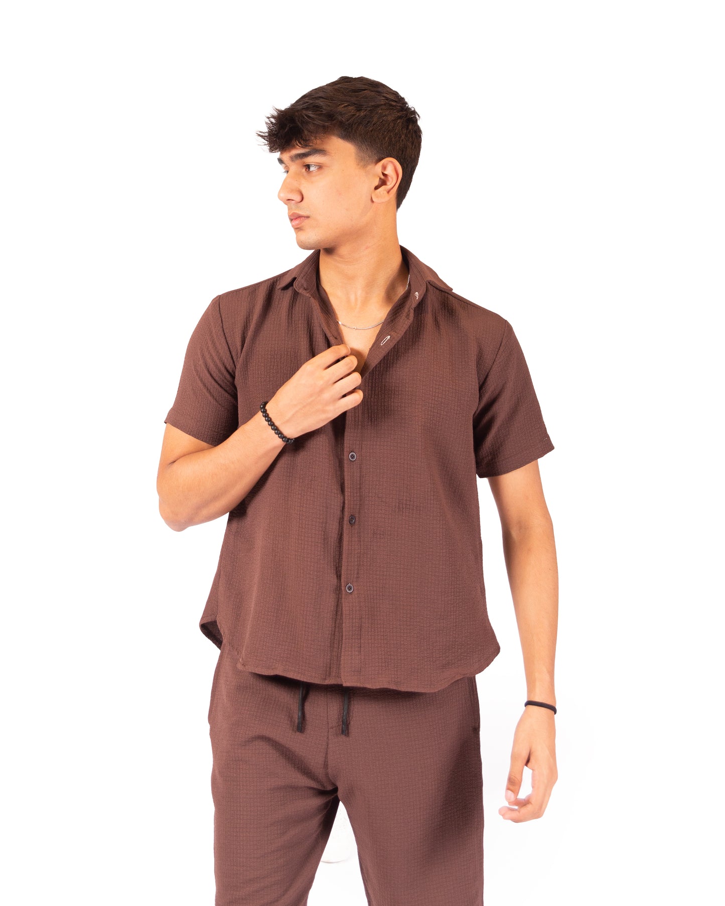 Brown textured button down cord set