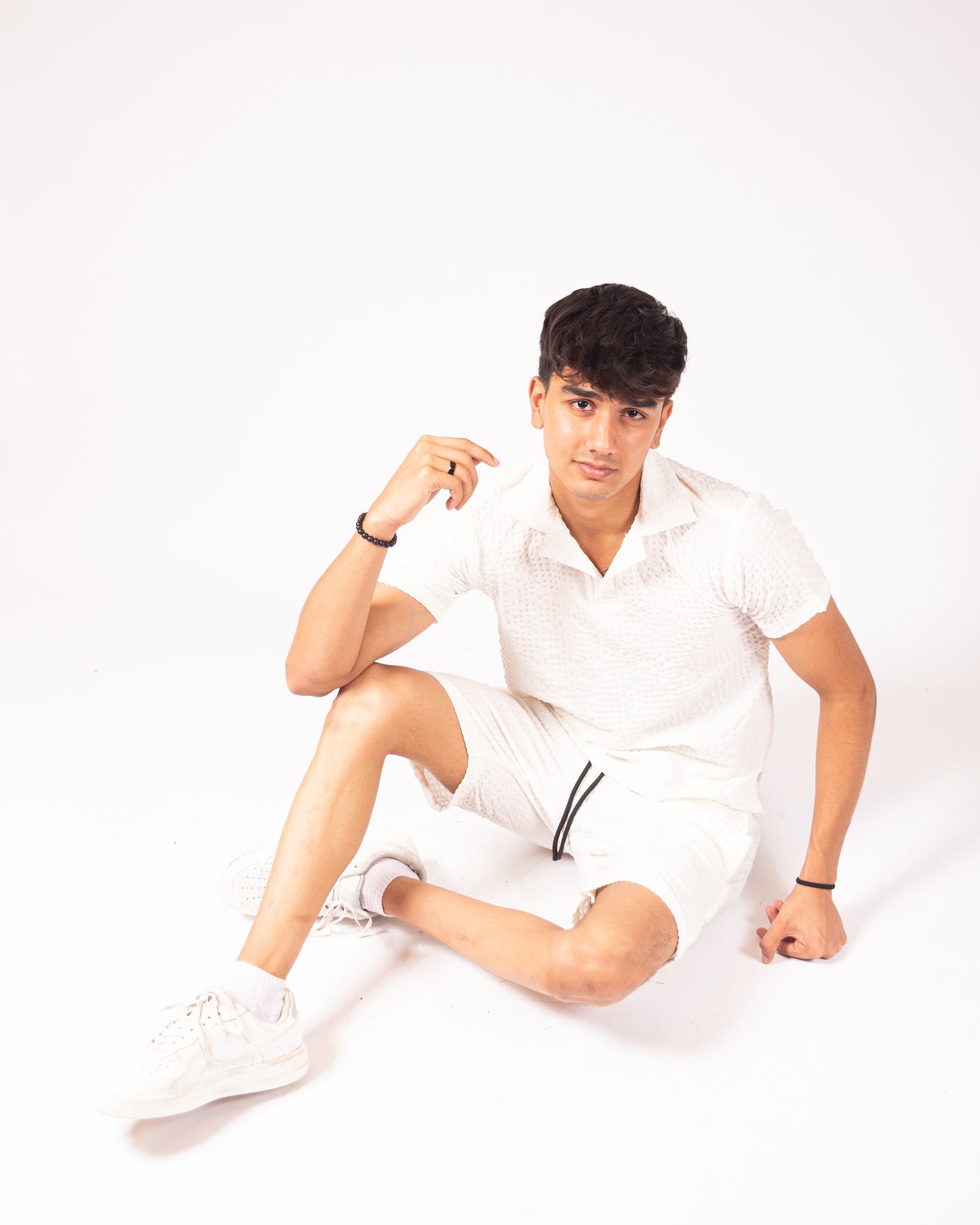 White textured button down cord set