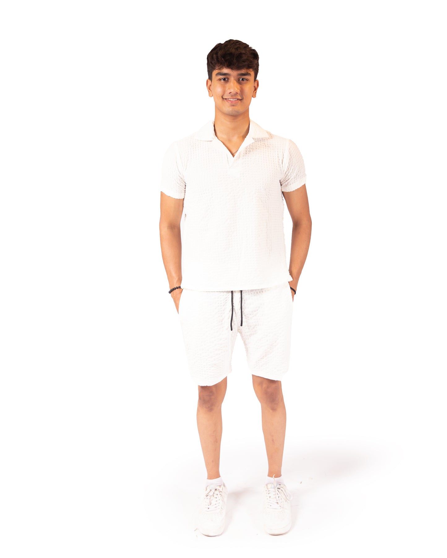 White textured button down cord set