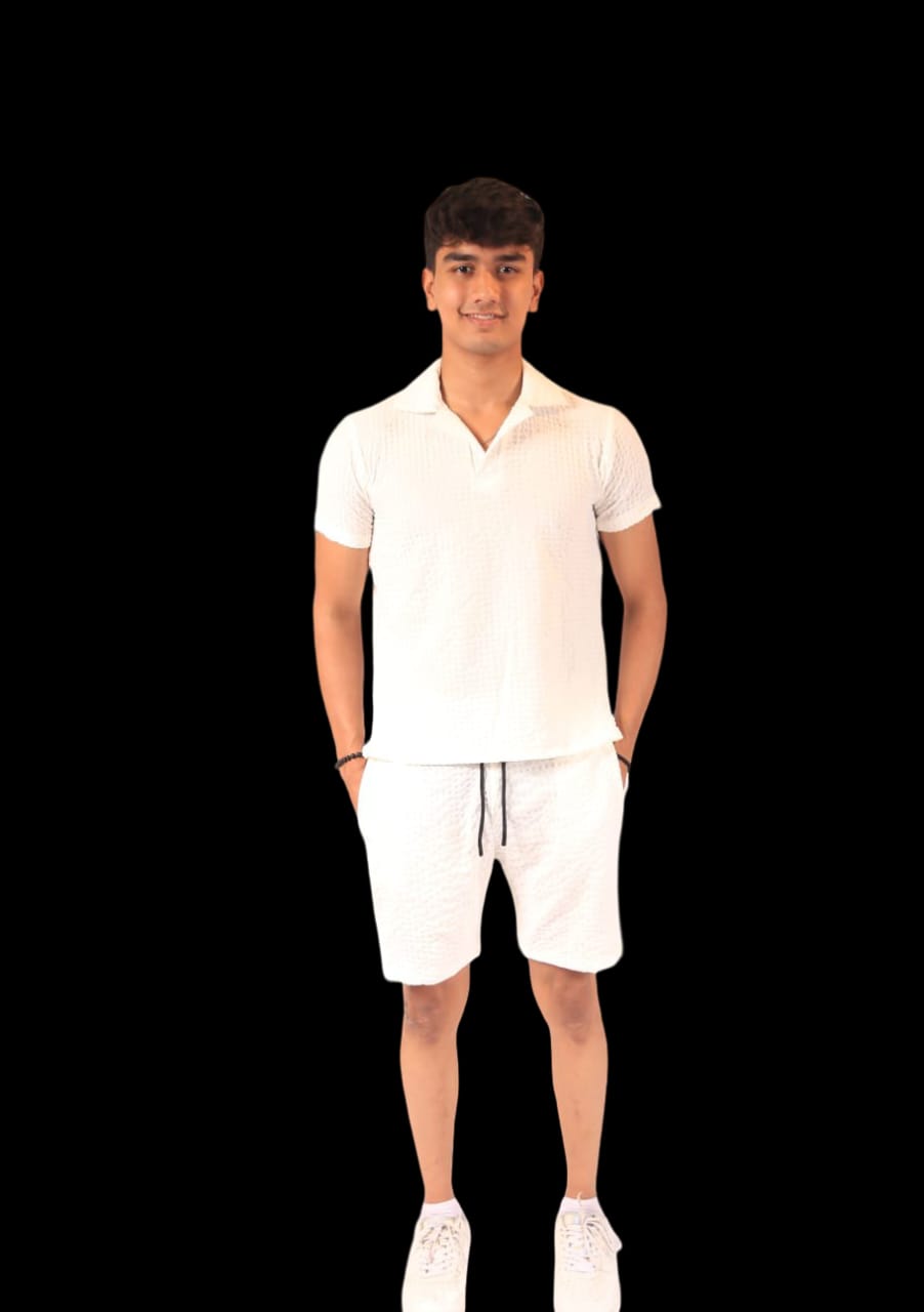 White textured button down cord set